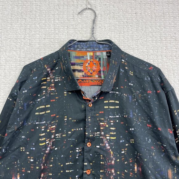 Au Noir Button Up shirt Men Sz 7 Black Colorful City Night Lights Landscape AOP - Picture 2 of 16